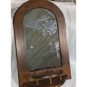 Antique Wooden Mirror With Tiny Shelf And Bird Decoration etched.